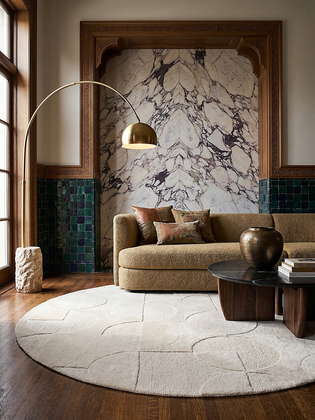 Teppich Elfenbein rund Editorial Interior als Designobjekt drapiert hochwertige Wohnaccessoires_