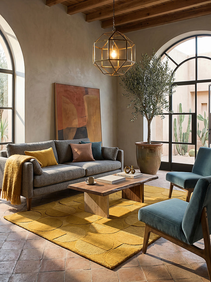 Teppich Senfgelb rechteckig im Wohnzimmer mit Couchtisch und Wohnaccessoires Wohnidee skandinavisch modern NOAH_