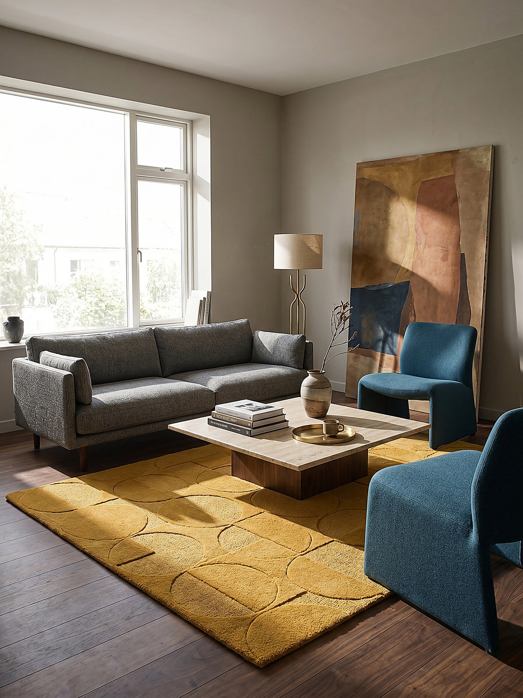 Teppich Senfgelb rechteckig Editorial Interior als Designobjekt drapiert hochwertige Wohnaccessoires NOAH_