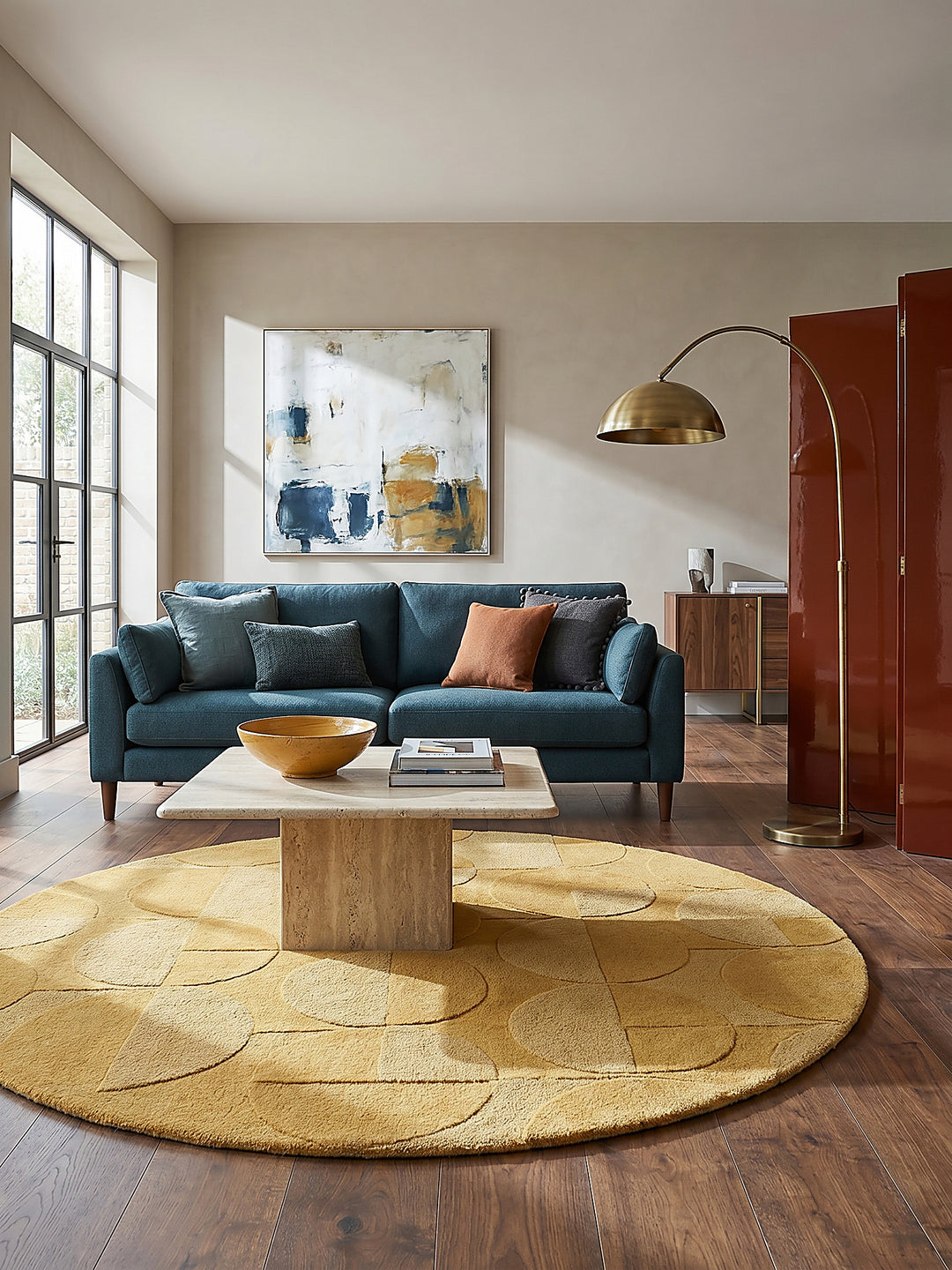 Teppich Senfgelb rund im modernen Wohnzimmer Einrichtungsidee NOAH_