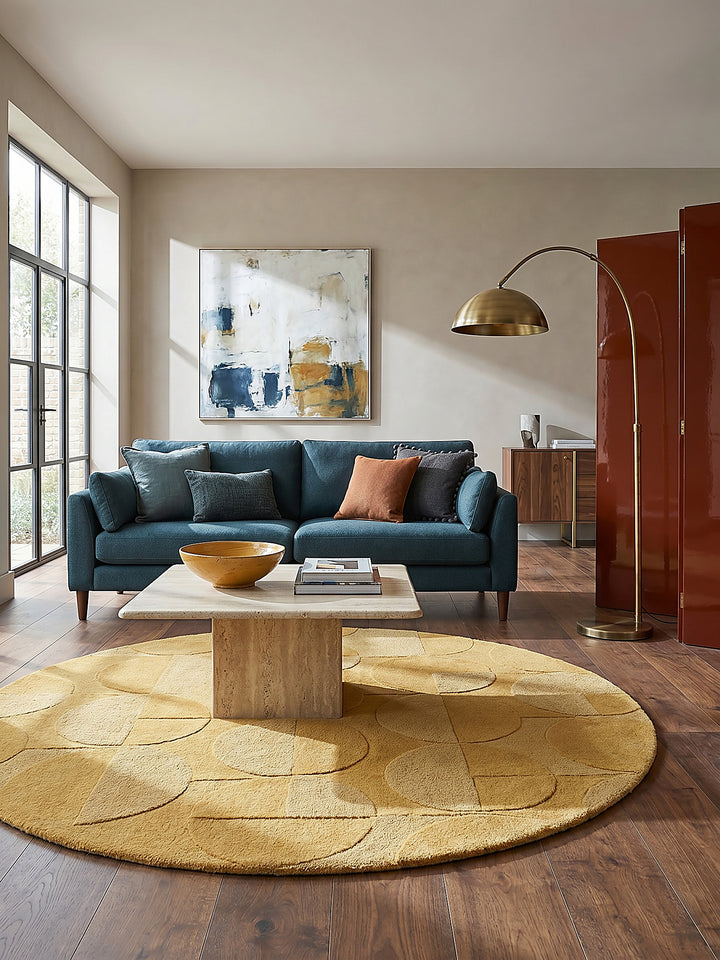 Teppich Senfgelb rund im modernen Wohnzimmer Einrichtungsidee NOAH_