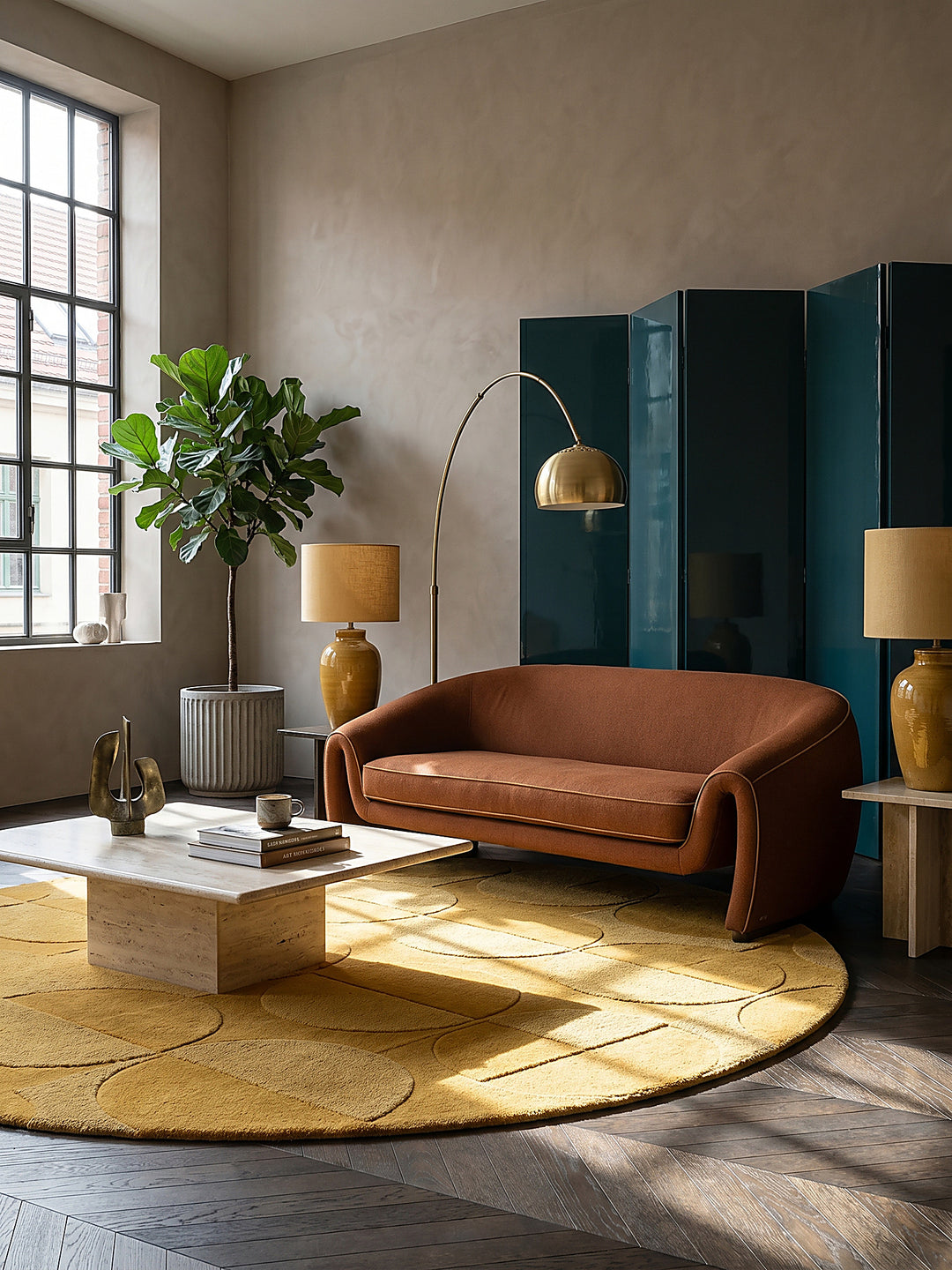 Teppich Senfgelb rund im Wohnzimmer mit Couchtisch und Wohnaccessoires Wohnidee skandinavisch modern NOAH_