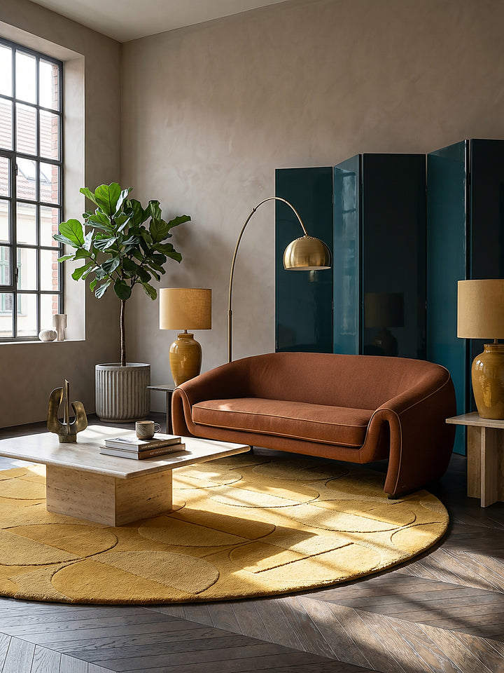 Teppich Senfgelb rund im Wohnzimmer mit Couchtisch und Wohnaccessoires Wohnidee skandinavisch modern NOAH_