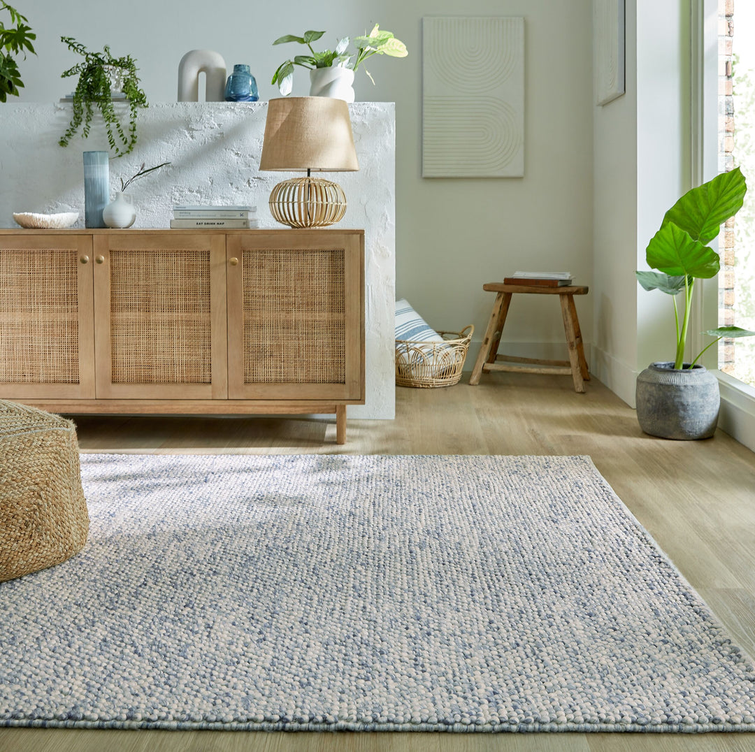 Wollteppich handgewebt Struktur hochdicht Teppich Wolle-Polyester_Blau_Rechteckig_