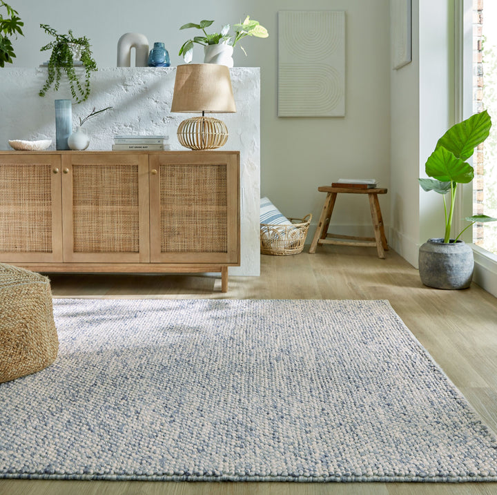 Wollteppich handgewebt Struktur hochdicht Teppich Wolle-Polyester_Blau_Rechteckig_