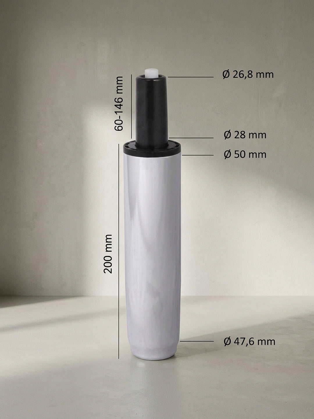 Technische Zeichnung der Schreibtischstuhl Gasfeder mit exakten Maßangaben wie dem 50mm Durchmesser und dem Verstellbereich von 60 bis 146 Millimetern._
