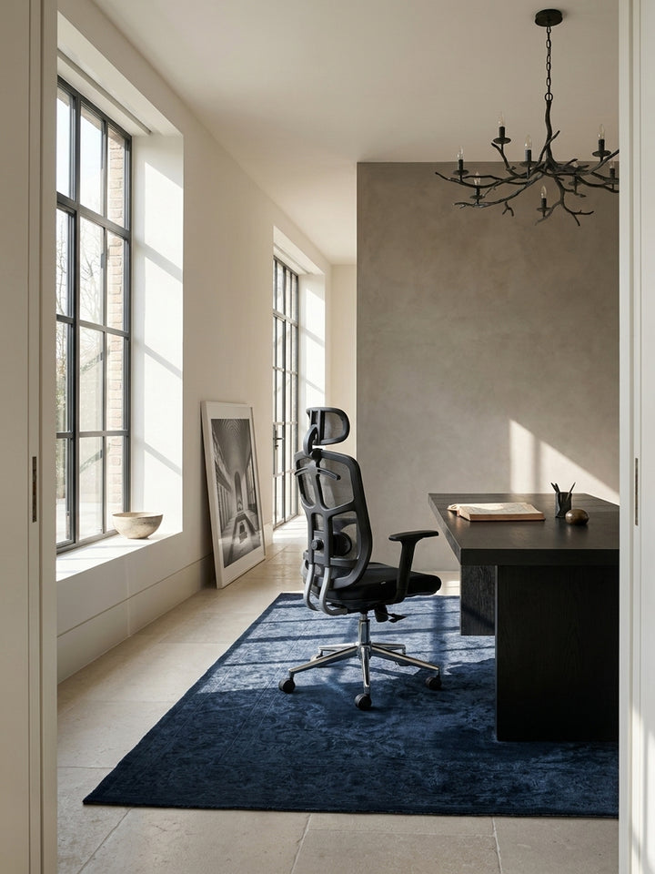 Ein schwarzer, ergonomischer Bürostuhl mit luftdurchlässigem Mesh-Bezug steht an einem eleganten Nussholz-Schreibtisch im sonnendurchfluteten Home-Office mit Eichenparkett._