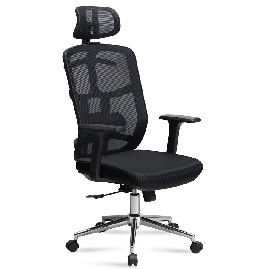 Ergonomischer Bürostuhl mit S-förmiger Rückenlehne und verstellbarer Kopfstütze - schwarzer Mesh-Bezug mit Aluminium-Fuß von Kadima Design_