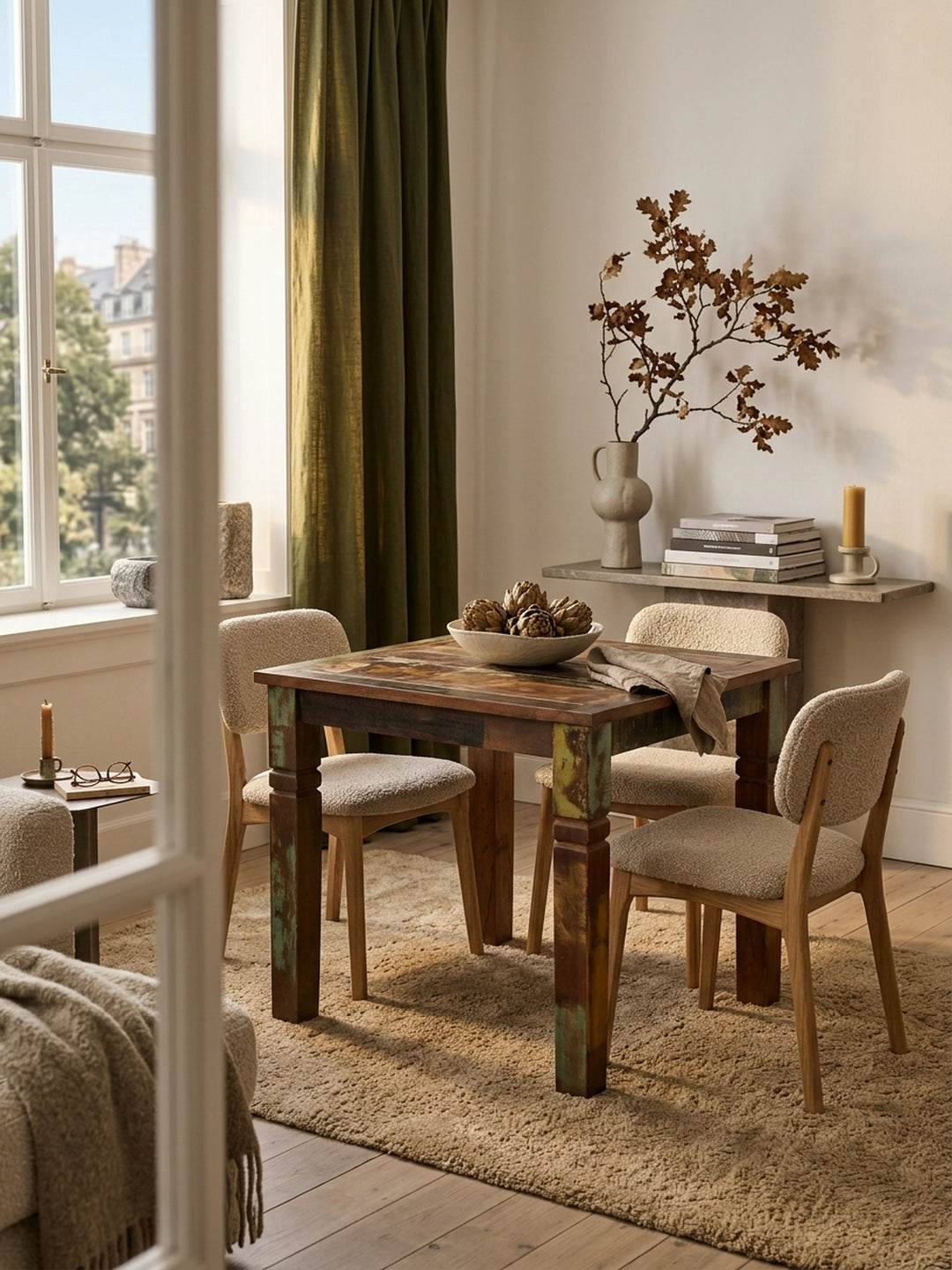 Quadratischer Esstisch aus recyceltem Massivholz im eleganten Esszimmer. Der 80x80 cm Holztisch im Vintage Shabby Chic Design bildet das Zentrum für gemütliche Abendessen._