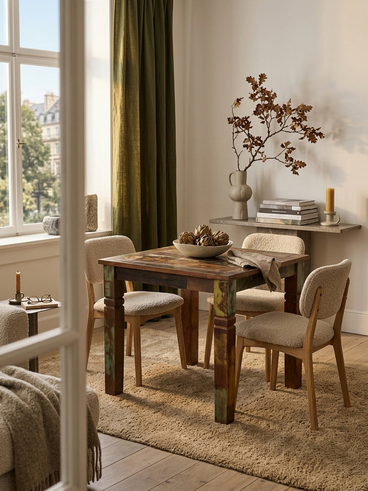 Quadratischer Esstisch aus recyceltem Massivholz im eleganten Esszimmer. Der 80x80 cm Holztisch im Vintage Shabby Chic Design bildet das Zentrum für gemütliche Abendessen._