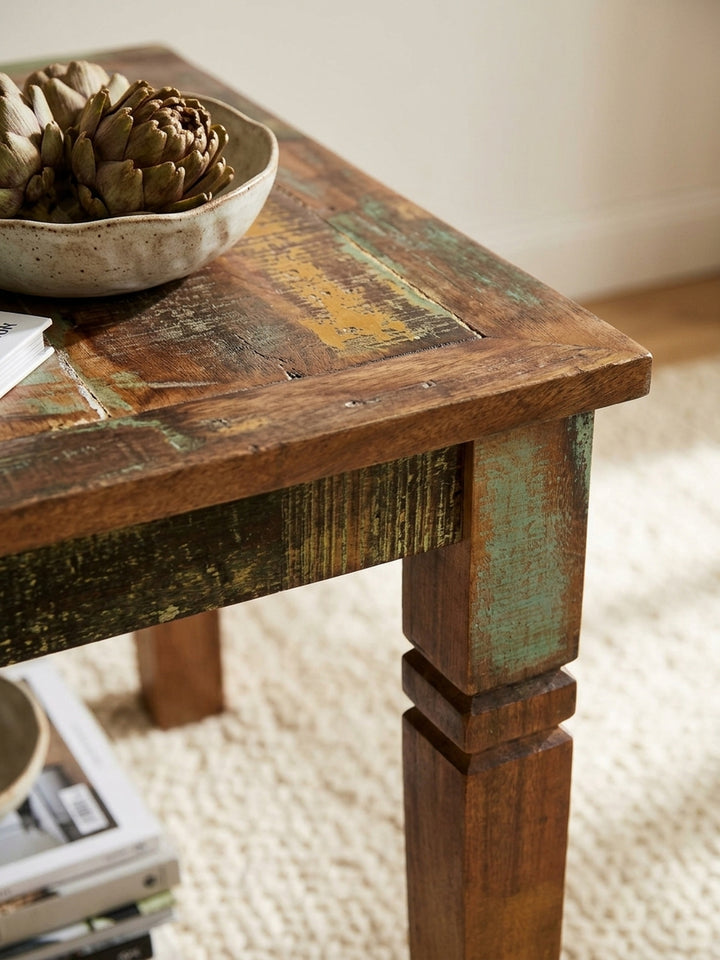 Detailaufnahme der rustikalen Tischplatte aus massivem Bootsholz. Die einzigartige Holzstruktur mit Farbresten in Türkis und Braun unterstreicht das Shabby Chic Design._