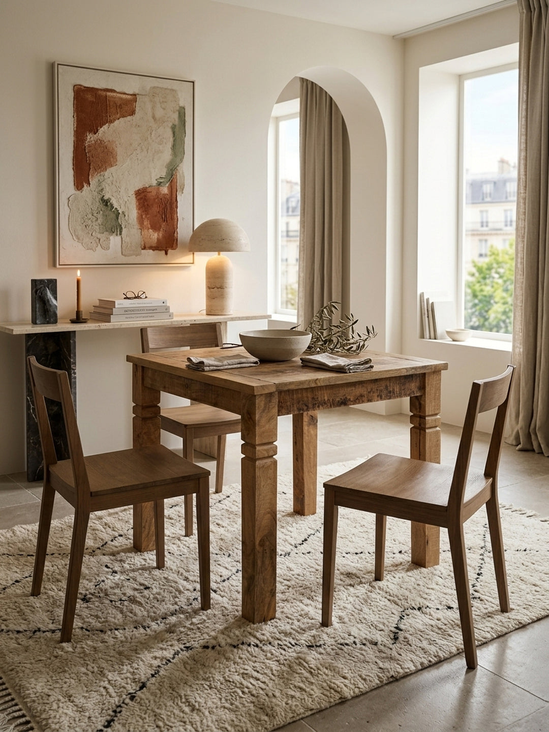 Quadratischer Esstisch aus massivem Mangoholz im eleganten Esszimmer. Der rustikale Holztisch 80x80 cm bietet Platz für 4 Personen und wirkt im organisch-modernen Ambiente luxuriös._