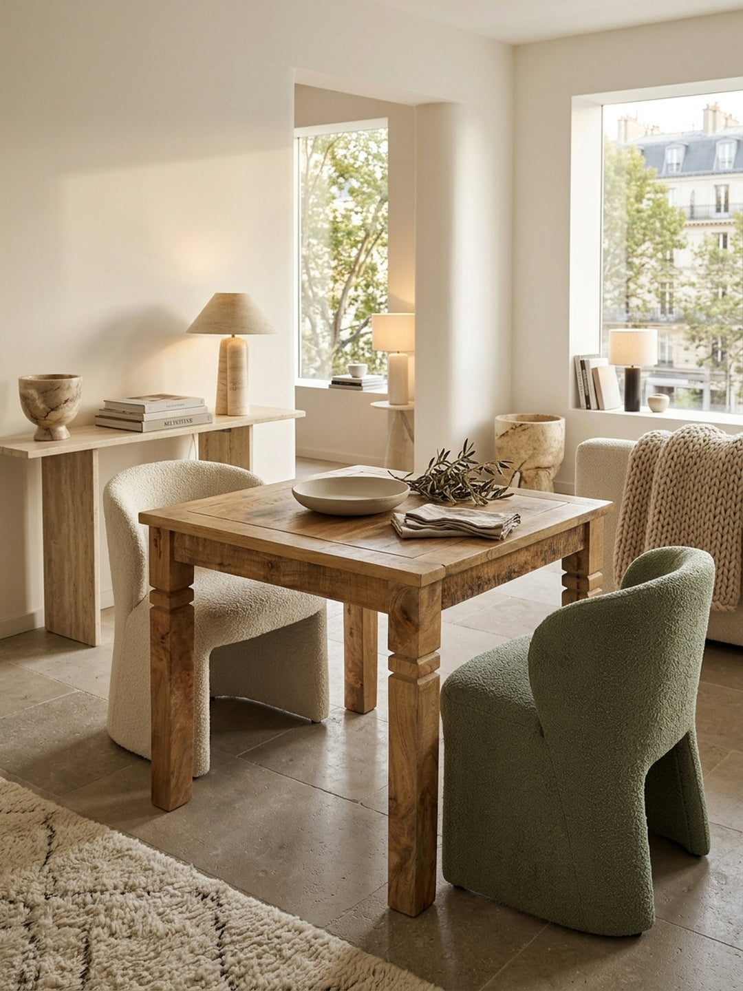 Draufsicht auf den kleinen Esstisch aus Holz im Essbereich. Die quadratische 80x80 cm Tischplatte aus braunem Mangoholz fügt sich harmonisch in das natürliche Raumkonzept ein._