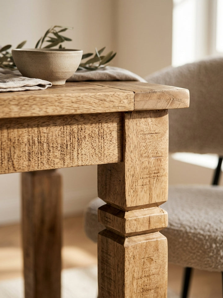 Nahaufnahme der Tischplatte aus Mango Massivholz. Die markante Holzmaserung und natürliche Farbvariationen des braunen Landhaus Esstisches unterstreichen den rustikalen Charakter._