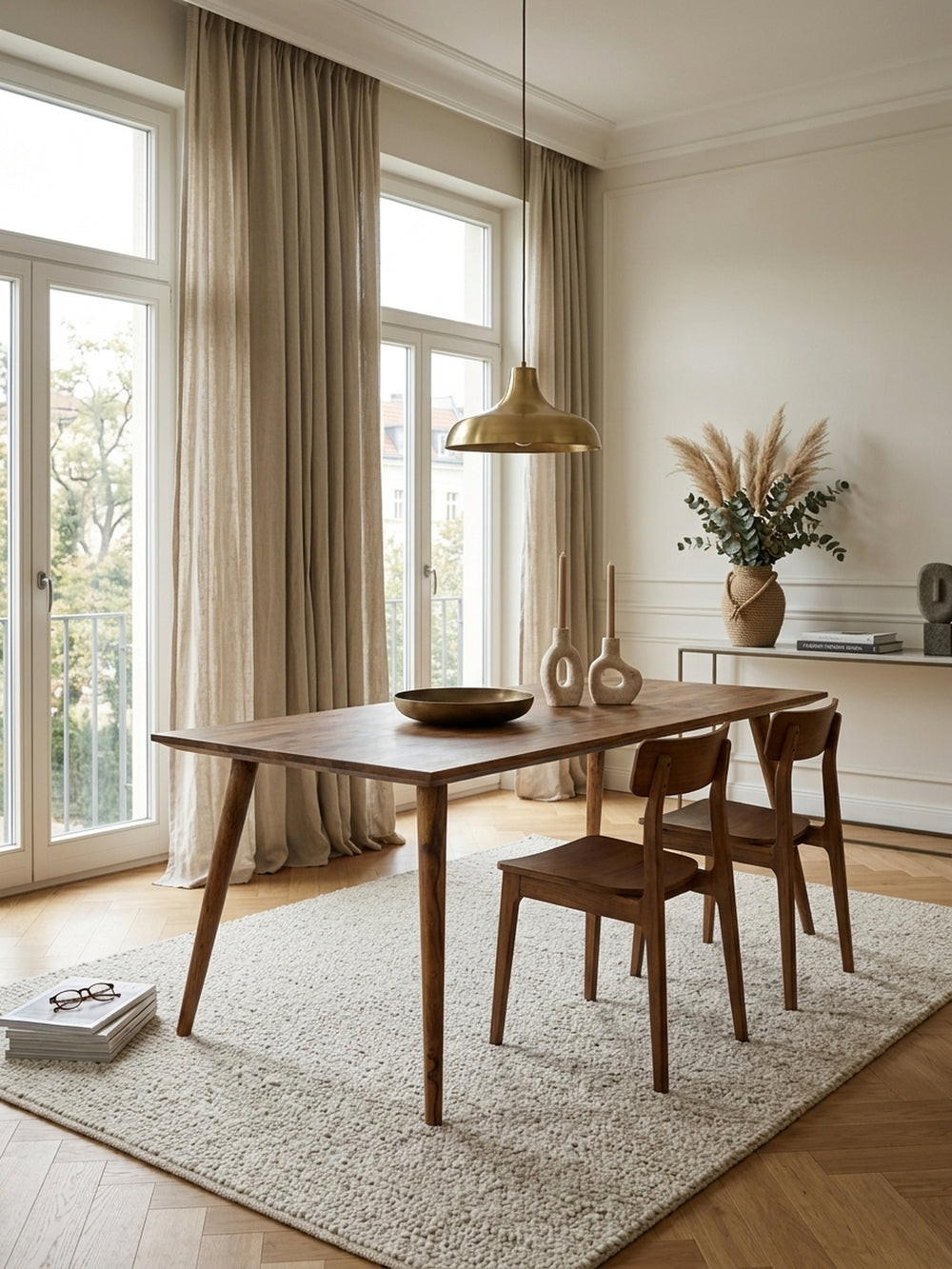 Esstisch aus warmem Sheesham-Massivholz mit markanter Maserung in modernem Esszimmer mit Teppich und stimmungsvoller Beleuchtung 80x180x76 cm_