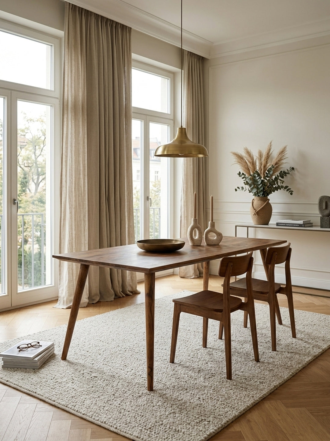 Esstisch aus warmem Sheesham-Massivholz mit markanter Maserung in modernem Esszimmer mit Teppich und stimmungsvoller Beleuchtung 80x180x76 cm_