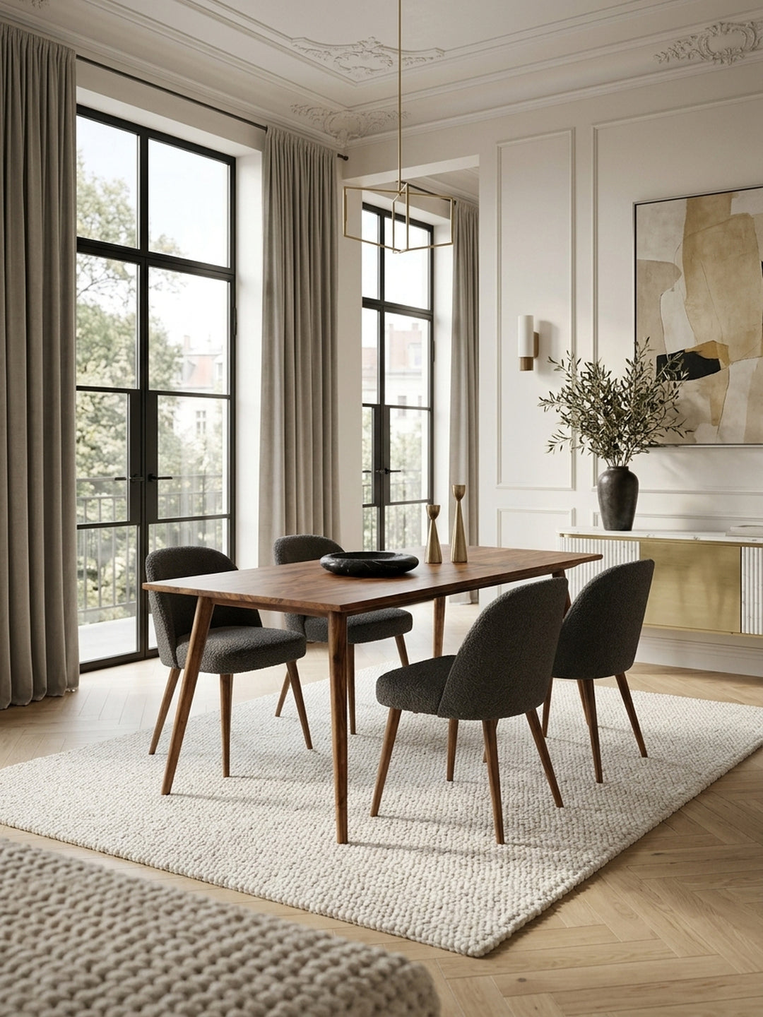 Esstisch aus warmem Sheesham-Massivholz mit markanter Maserung in modernem Esszimmer mit Teppich und stimmungsvoller Beleuchtung 60x120x76 cm_