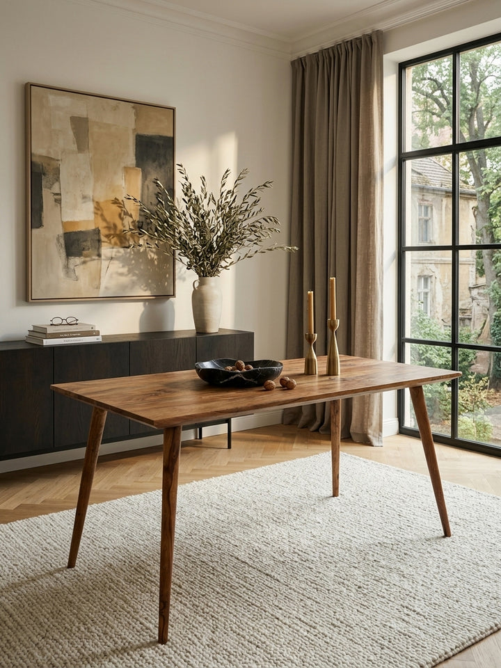 Esstisch Sheesham Massivholz braun 60x120x76 cm in stilvoller Esszimmer-Einrichtung mit Dekoration und Accessoires aus der Vogelperspektive_