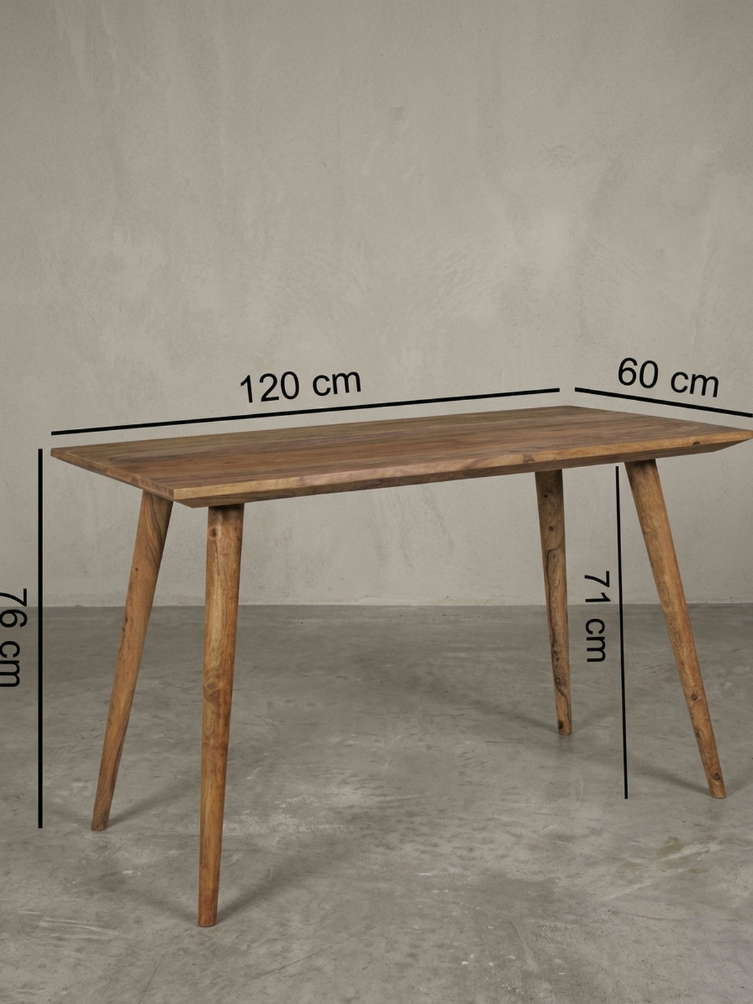 Detailansicht Esstisch aus warmem Sheesham-Massivholz mit markanter Maserung zeigt Verarbeitung und Materialqualität 60x120x76 cm_