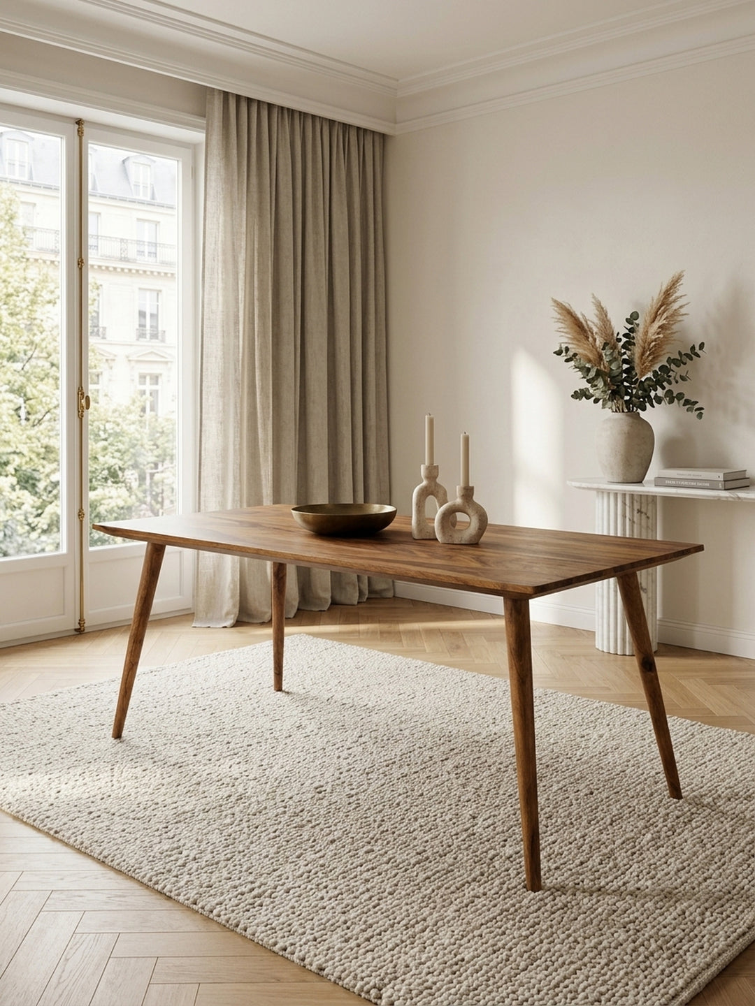 Esstisch Sheesham Massivholz braun 80x180x76 cm in stilvoller Esszimmer-Einrichtung mit Dekoration und Accessoires aus der Vogelperspektive_