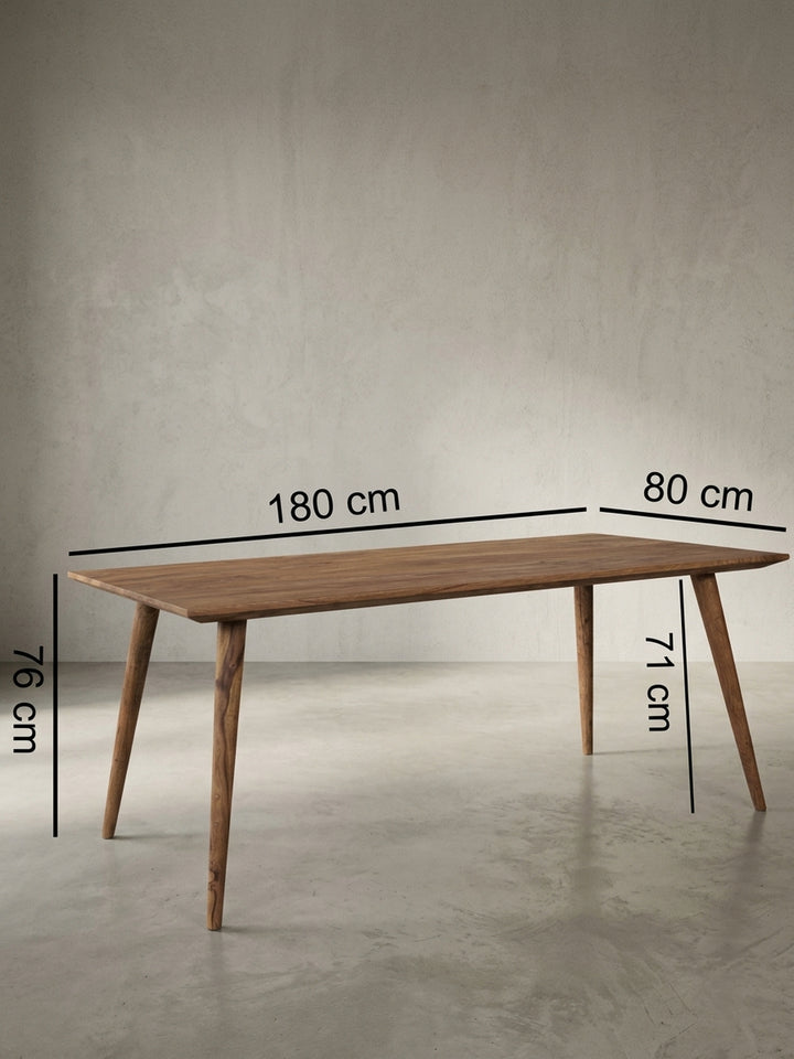 Detailansicht Esstisch aus warmem Sheesham-Massivholz mit markanter Maserung zeigt Verarbeitung und Materialqualität 80x180x76 cm_