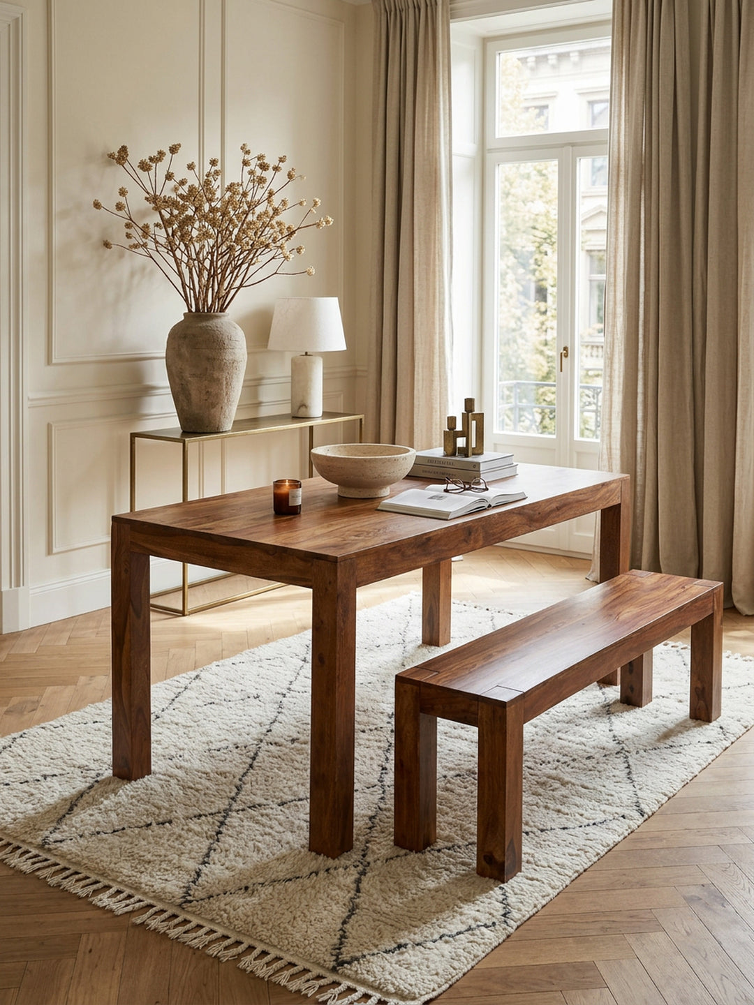 Massiver Sheesham Esstisch_ 140x80 cm_ modernes Design_ stabile Standbeine_ einfache Pflege_ ideal für Esszimmer und Küche - KADIMA DESIGN_Größe_ 140x80x76 cm_