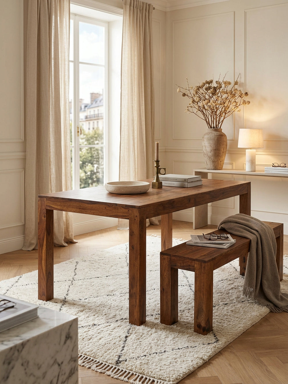 Massiver Sheesham Esstisch_ 140x80 cm_ modernes Design_ stabile Standbeine_ einfache Pflege_ ideal für Esszimmer und Küche - KADIMA DESIGN_Größe_ 140x80x76 cm_