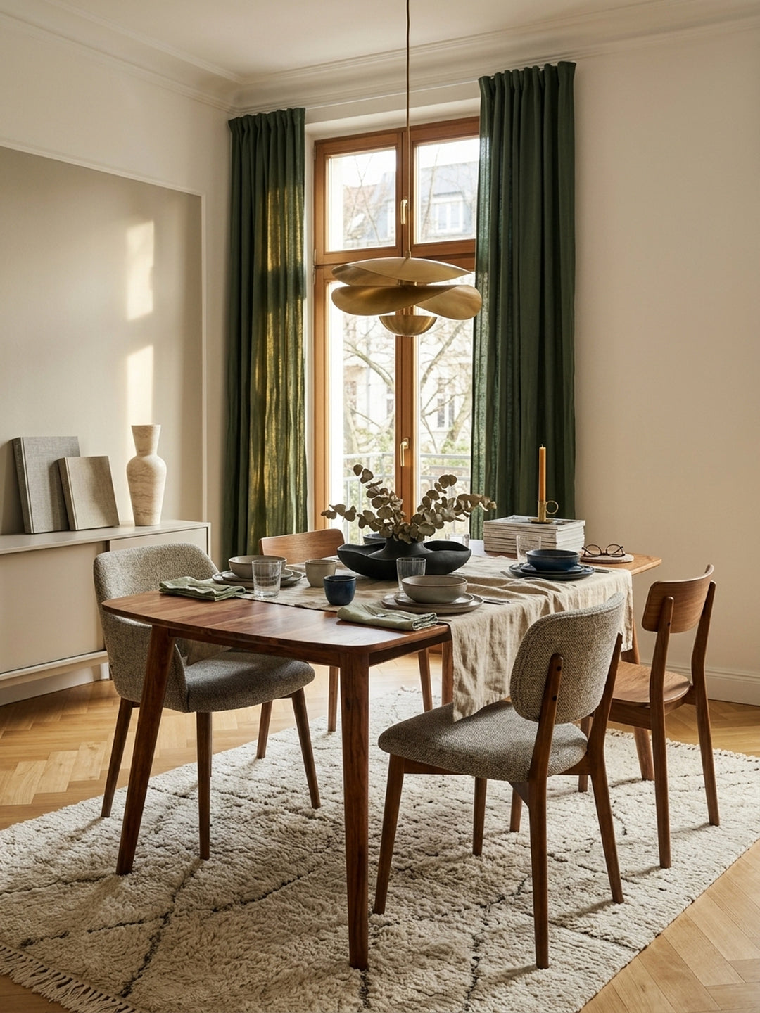 Aufsicht auf den Massivholztisch aus dunklem Sheesham im modernen Essbereich. Die kompakten Maße 120x60 cm des Echtholztisches strukturieren den Raum elegant auf dem hellen Teppich._