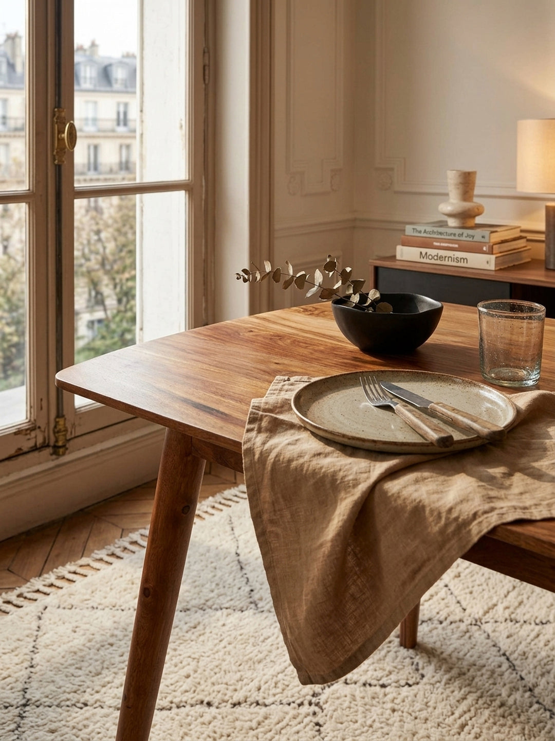 Nahaufnahme der markanten Holzmaserung des Sheesham Esstisches. Die mit Klarlack geschützte Oberfläche des Massivholzes zeigt lebhafte, natürliche Farbverläufe in warmen Brauntönen._