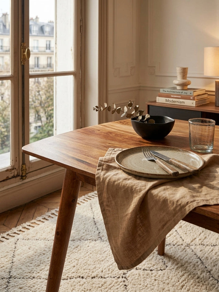 Nahaufnahme der markanten Holzmaserung des Sheesham Esstisches. Die mit Klarlack geschützte Oberfläche des Massivholzes zeigt lebhafte, natürliche Farbverläufe in warmen Brauntönen._