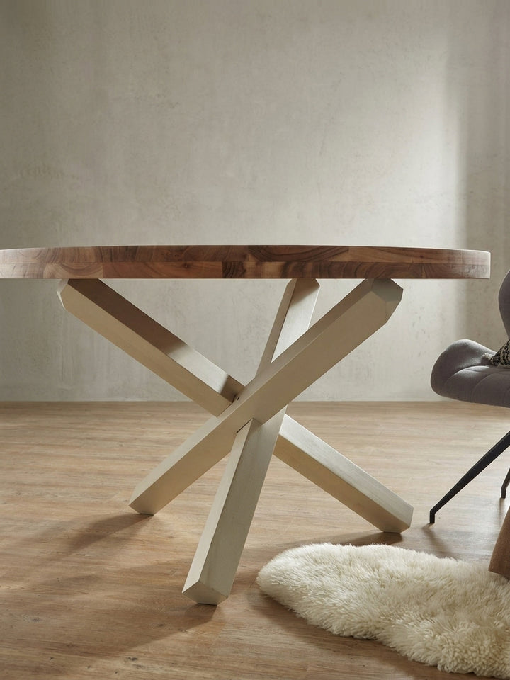 Maßskizze des runden Esstisches: Der Durchmesser der massiven Akazienholzplatte beträgt exakt 120 cm bei einer Tischhöhe von 75 cm. Die Unterkante der Platte befindet sich auf 69 cm Höhe._