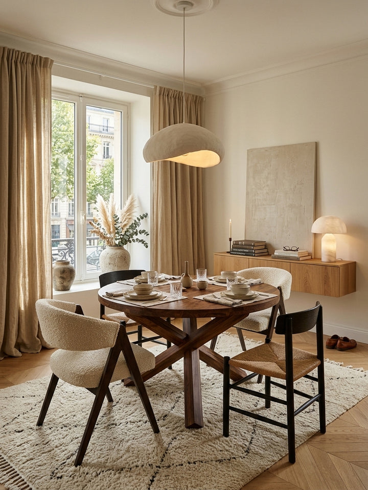 Runder Esstisch aus Sheesham Massivholz im eleganten Esszimmer. Der 120cm Holztisch mit markanter Maserung und skulpturalem Kreuzgestell steht auf einem hellen Teppich im Dining Room._