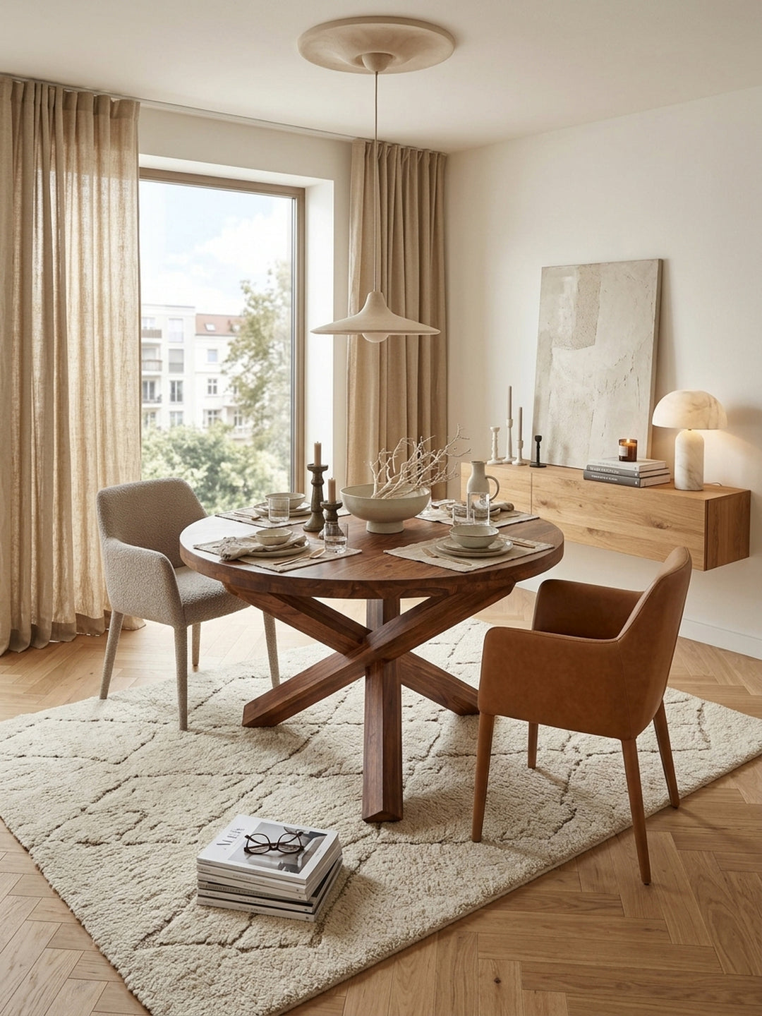 Draufsicht auf den runden Massivholztisch mit 120 cm Durchmesser im modernen Essbereich. Die braune Tischplatte aus Sheeshamholz bietet idealen Platz für vier Personen beim Dinner._