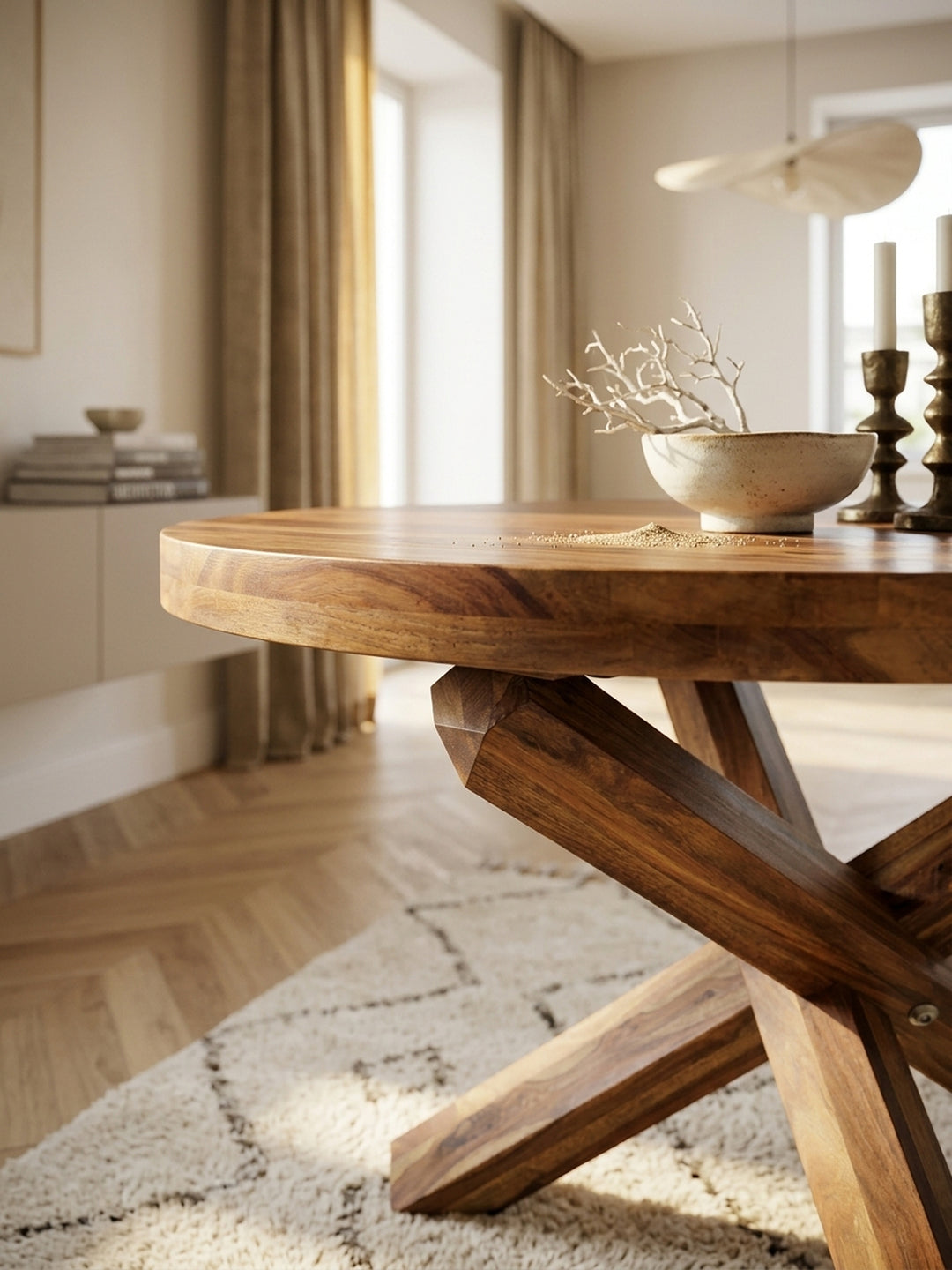 Detailaufnahme der edlen Sheeshamholz-Maserung des braunen Küchentisches. Die handverarbeitete Massivholz-Oberfläche mit schützender PU-Lackierung zeigt natürliche Holzstrukturen._