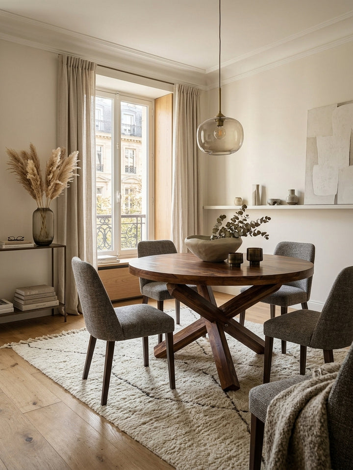 Runder Massivholz Esstisch BOHA aus dunkelbraunem Sheeshamholz in einem eleganten Esszimmer. Der 120 cm Holztisch ist umgeben von modernen Polsterstühlen auf einem hellen Teppich._