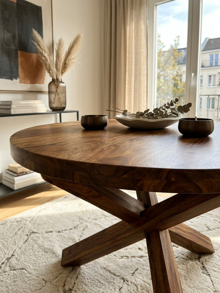 Detailaufnahme der Tischplatte aus massivem Sheeshamholz. Die markante dunkelbraune Holzmaserung und die schützende PU-Lackierung unterstreichen die natürliche Qualität des Tisches._