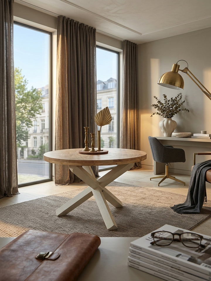 Runder Esstisch aus massivem Akazienholz mit 120cm Durchmesser, stilvoll im hellen Esszimmer inszeniert. Das cremeweiße Kreuzgestell harmoniert mit modernen Polsterstühlen._