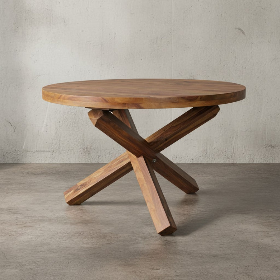 Esstisch TEKO_ Massivholz Rund_ 120 cm Durchmesser_ Sheesham Holz_ Kreuzbeine_ Handgefertigt - KADIMA DESIGN_Farbe_ Braun_ Größe_ 120x120x75 cm_