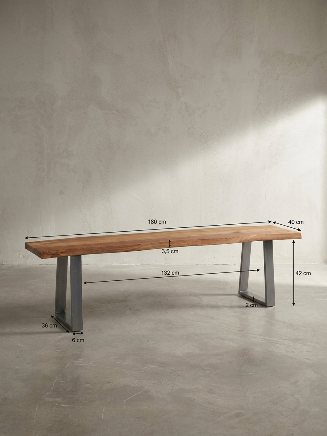 Technische Zeichnung der Esszimmerbank mit exakten Maßen: Länge 180 cm, Tiefe 40 cm, Höhe 45,5 cm für die perfekte Raumplanung._