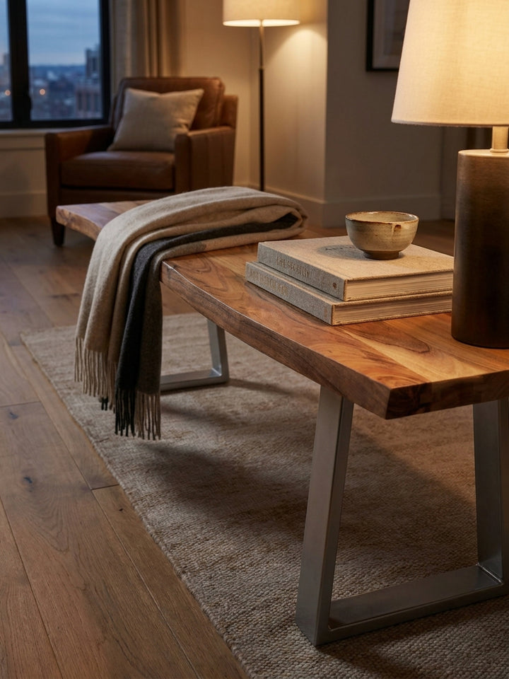 Ein stilvolles Detail-Arrangement auf einer Holzbank im Esszimmer: ein Glas Wasser und eine schlichte Vase unterstreichen das moderne Design._