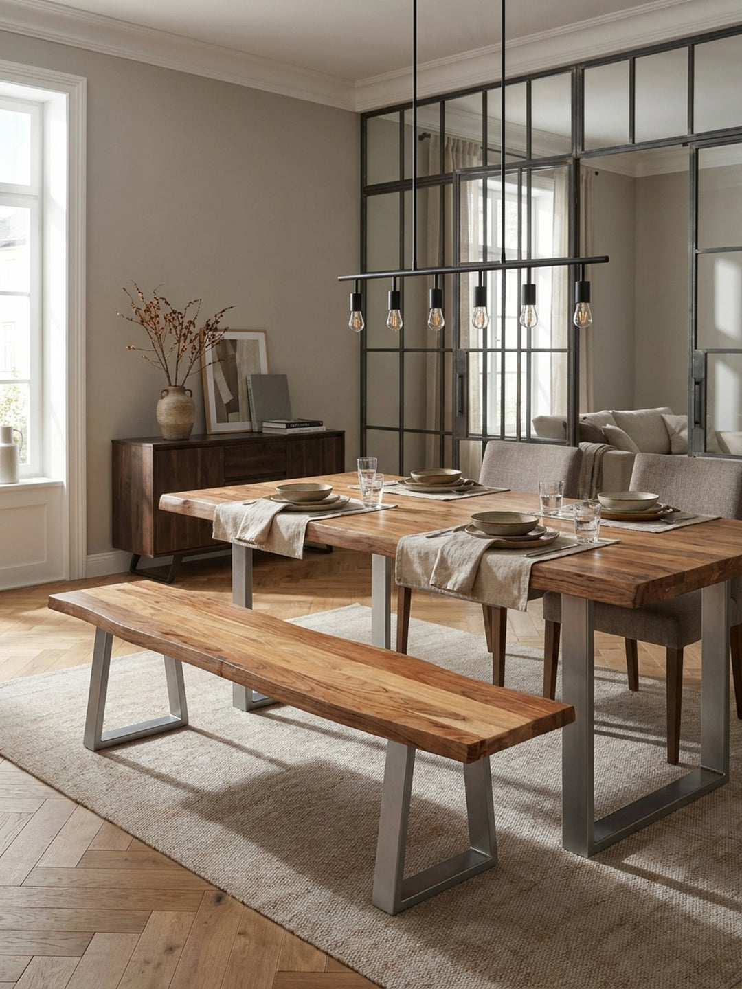 Massivholz-Sitzbank mit Baumkante kombiniert mit einem passenden Esstisch und eleganten Samtstühlen in einem modernen Essbereich._