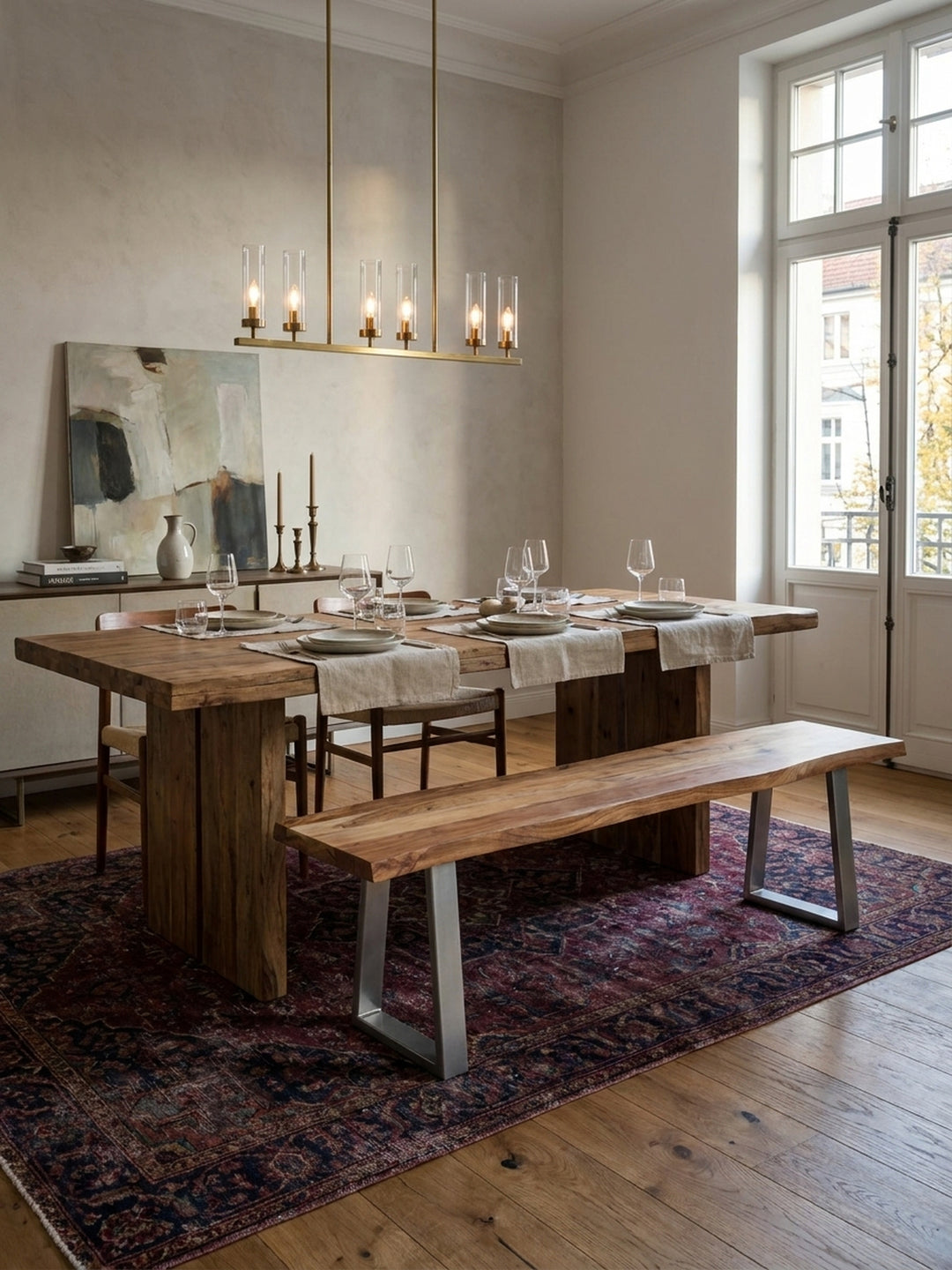 Detailansicht der Esszimmerbank aus Holz, auf der ein Stapel Leinen-Tischsets und eine Keramikschale für eine gemütliche Tischdekoration platziert sind._