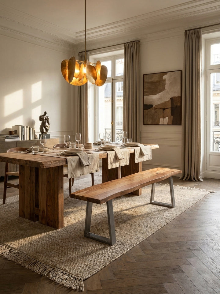 Die massive Holzbank aus Akazie mit Stahlbeinen harmoniert perfekt mit einem Esstisch im Industrial-Stil und schwarzen Schalenstühlen auf hellem Eichenparkett._