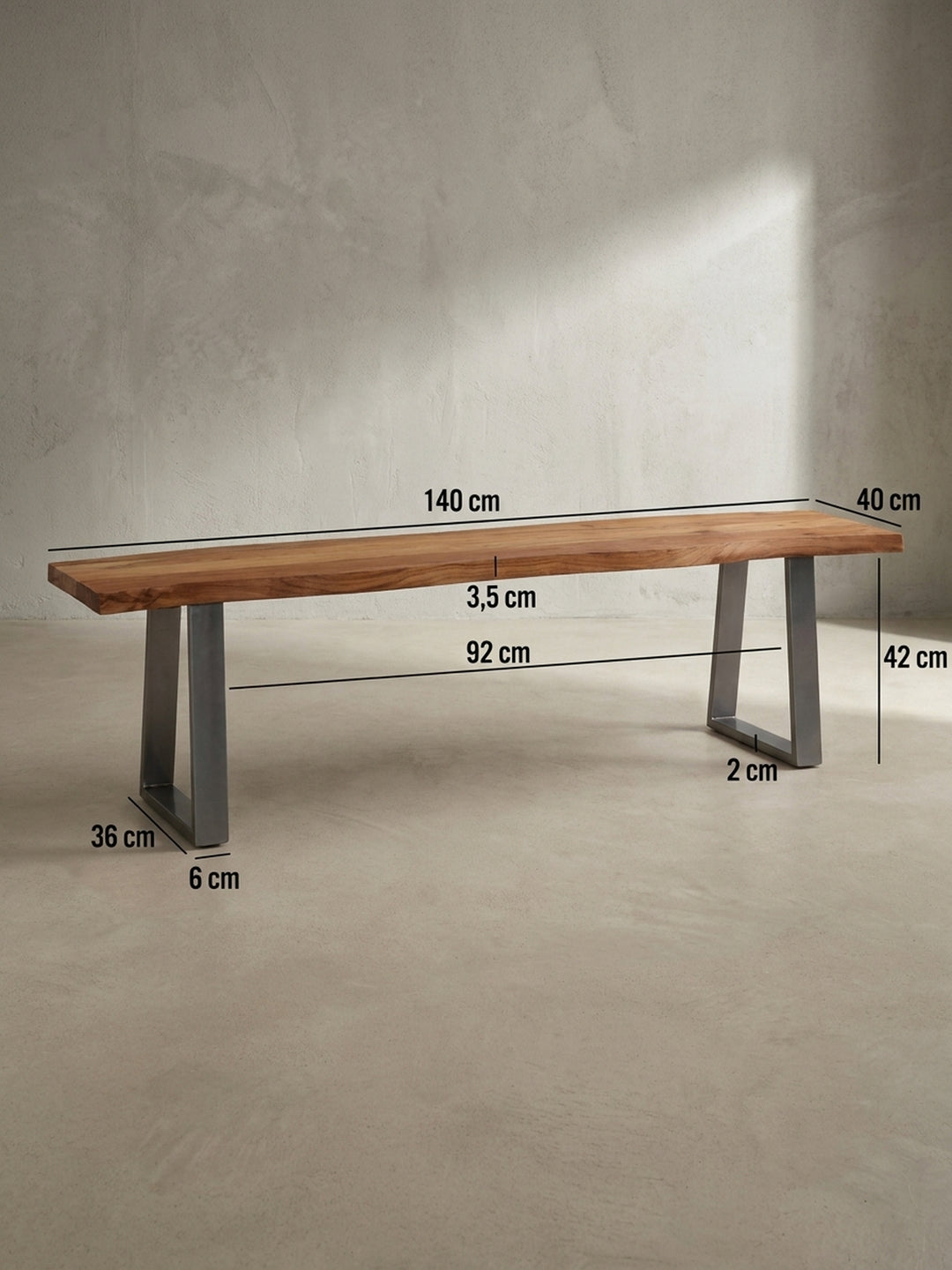 Technische Zeichnung der Esszimmerbank mit exakten Maßen: Länge 140 cm, Höhe 45,5 cm und Tiefe ca. 40 cm, zur perfekten Planung Ihres Essbereichs._