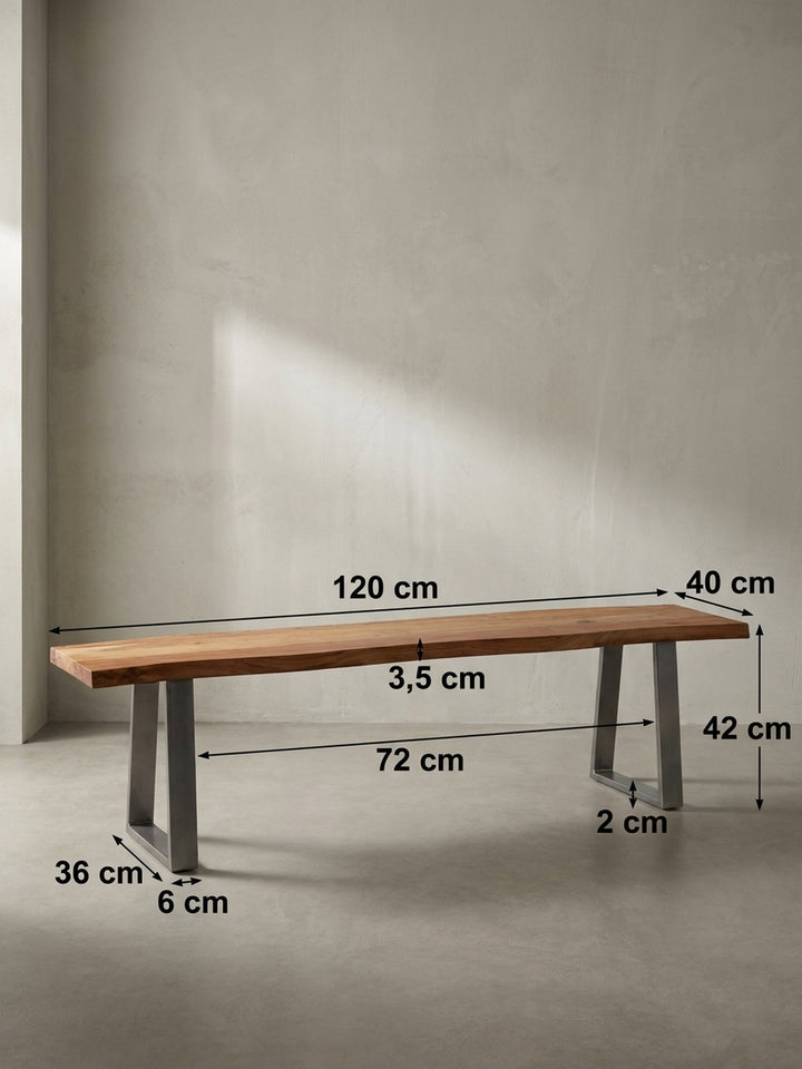 Technische Zeichnung der Esszimmerbank mit genauen Maßen: Länge 120 cm, Tiefe 40 cm und Höhe 46 cm, für die perfekte Raumplanung._