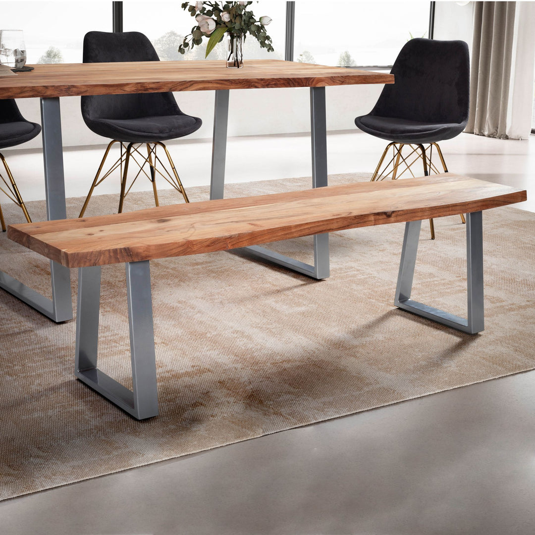 Esszimmerbank Massivholz / Metall mit Baumkante - Esstischbank Holzbank Massiv ohne Lehne - Küchenbank Chrom Essbank Modern - Sitzbank Esszimmer Klein_