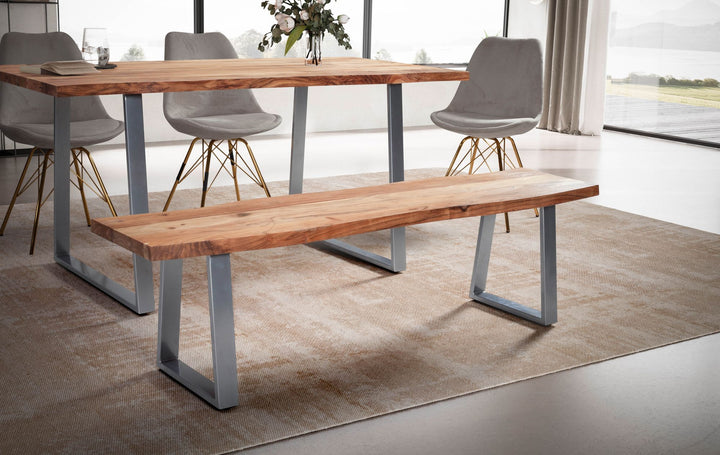 Esszimmerbank Massivholz / Metall mit Baumkante - Esstischbank Holzbank Massiv ohne Lehne - Küchenbank Chrom Essbank Modern - Sitzbank Esszimmer Klein_