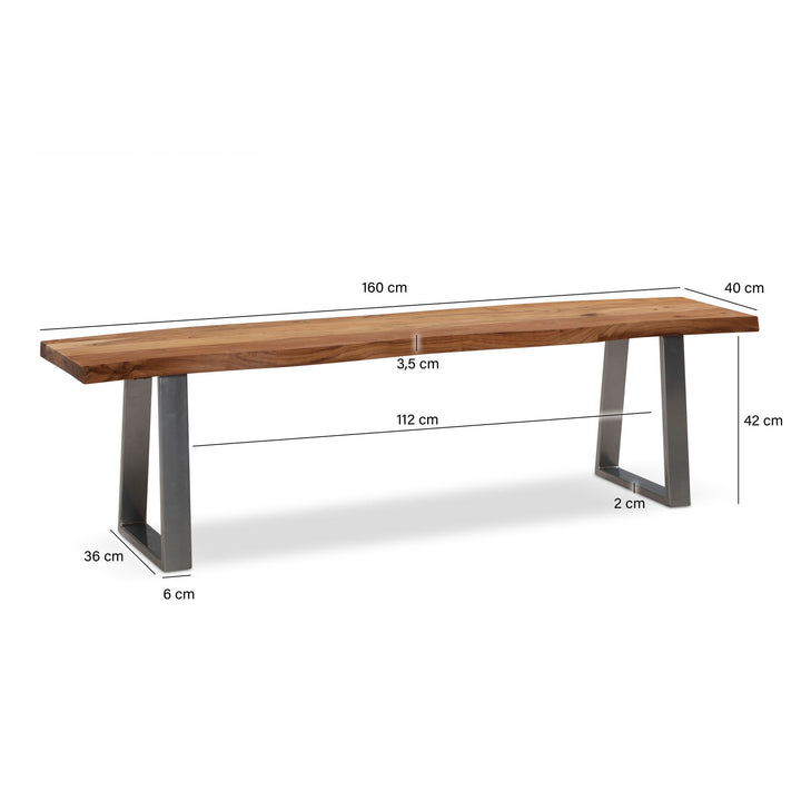 Esszimmerbank Massivholz / Metall mit Baumkante - Esstischbank Holzbank Massiv ohne Lehne - Küchenbank Chrom Essbank Modern - Sitzbank Esszimmer Klein_