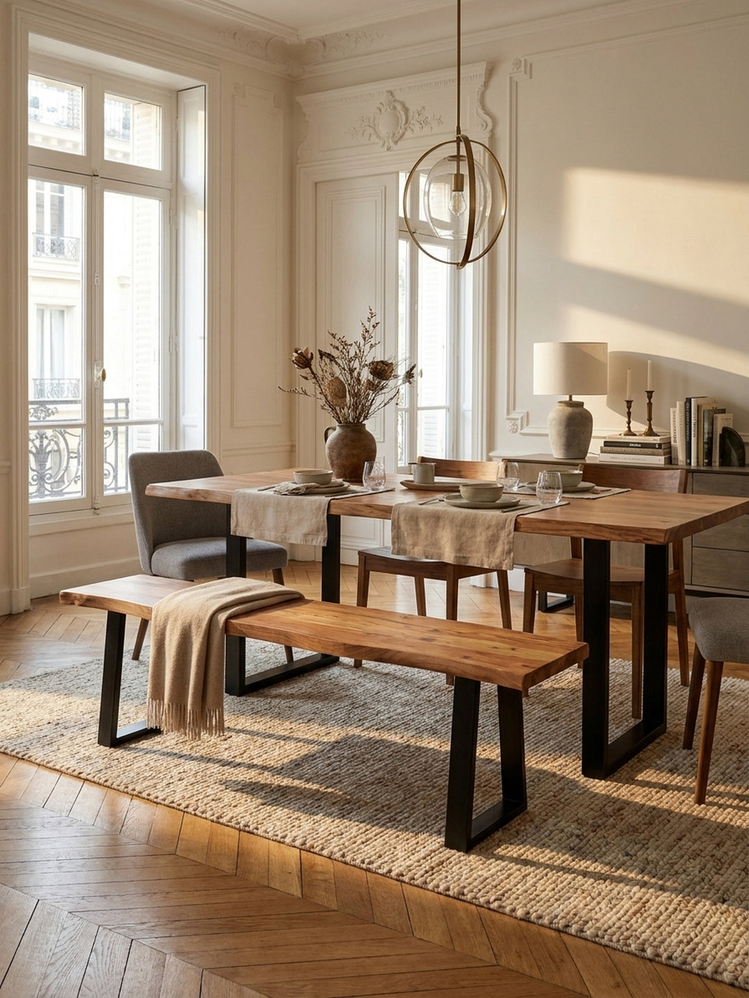 Sitzbank aus honigfarbenem Akazie-Massivholz im Einsatz Esszimmer dekoriert mit Styling-Accessoires Wohnatmosphäre gemütlich eingerichtet Wohnen Einrichtung Interior Zuhause Design_