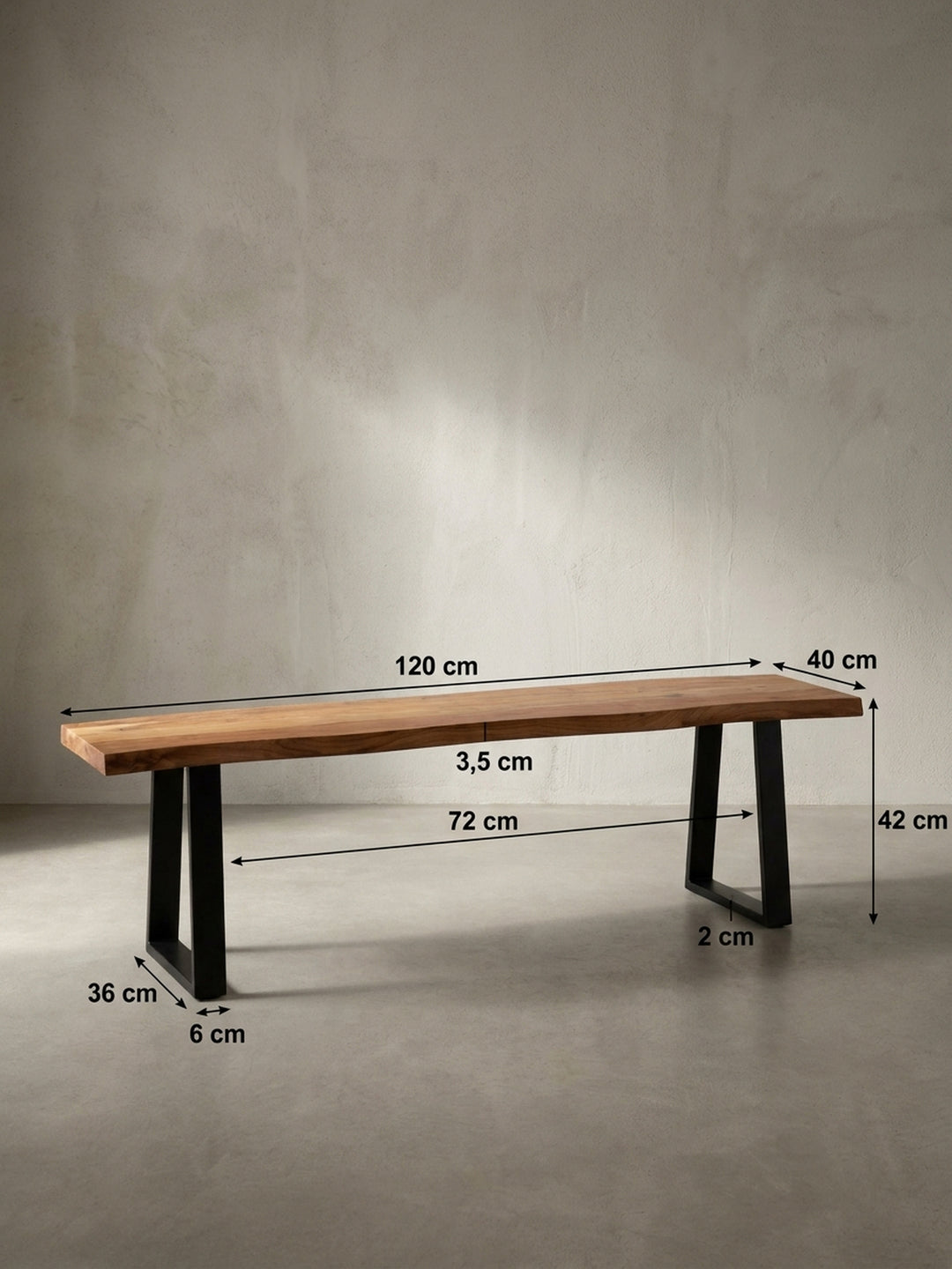 Sitzbank Akazie Massivholz natur Maße 120x40x46 cm Höhe Breite Tiefe Maßzeichnung Produktmaße Möbel Design Esszimmer Wohnen Einrichtung Interior Zuhause Wohnzimmer modern hochwertig elegant_